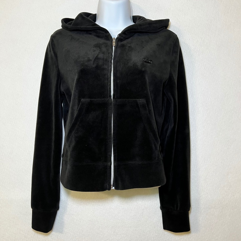 Juicy by Juicy Couture Y2K Nostalgia Streetwear Black Velour Zip Up Hoodie S